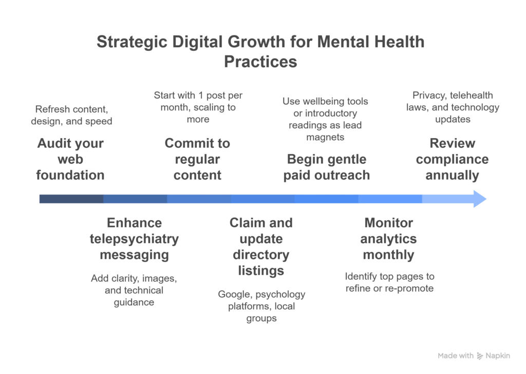 Online Presence for Psychiatrists – Build Authority, Reach, and Trust 11 Strategic digital growth for mental health practices